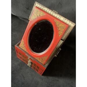 Antique Chinese Phoenix Painted Red Desk Chest Dresser Mirror two Jewelry Drawer